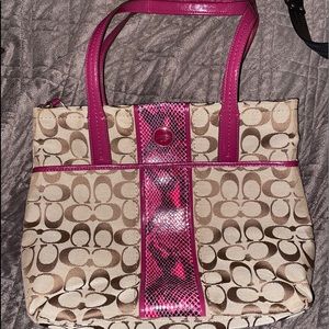 Brown coach purse with pink snake skin